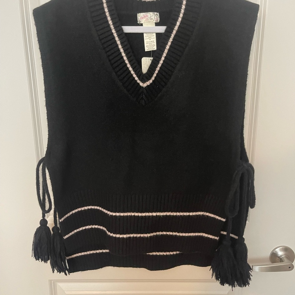 NWT Free People Black V-Neck Sleeveless Sweater Vest with Cream Stripe Accents